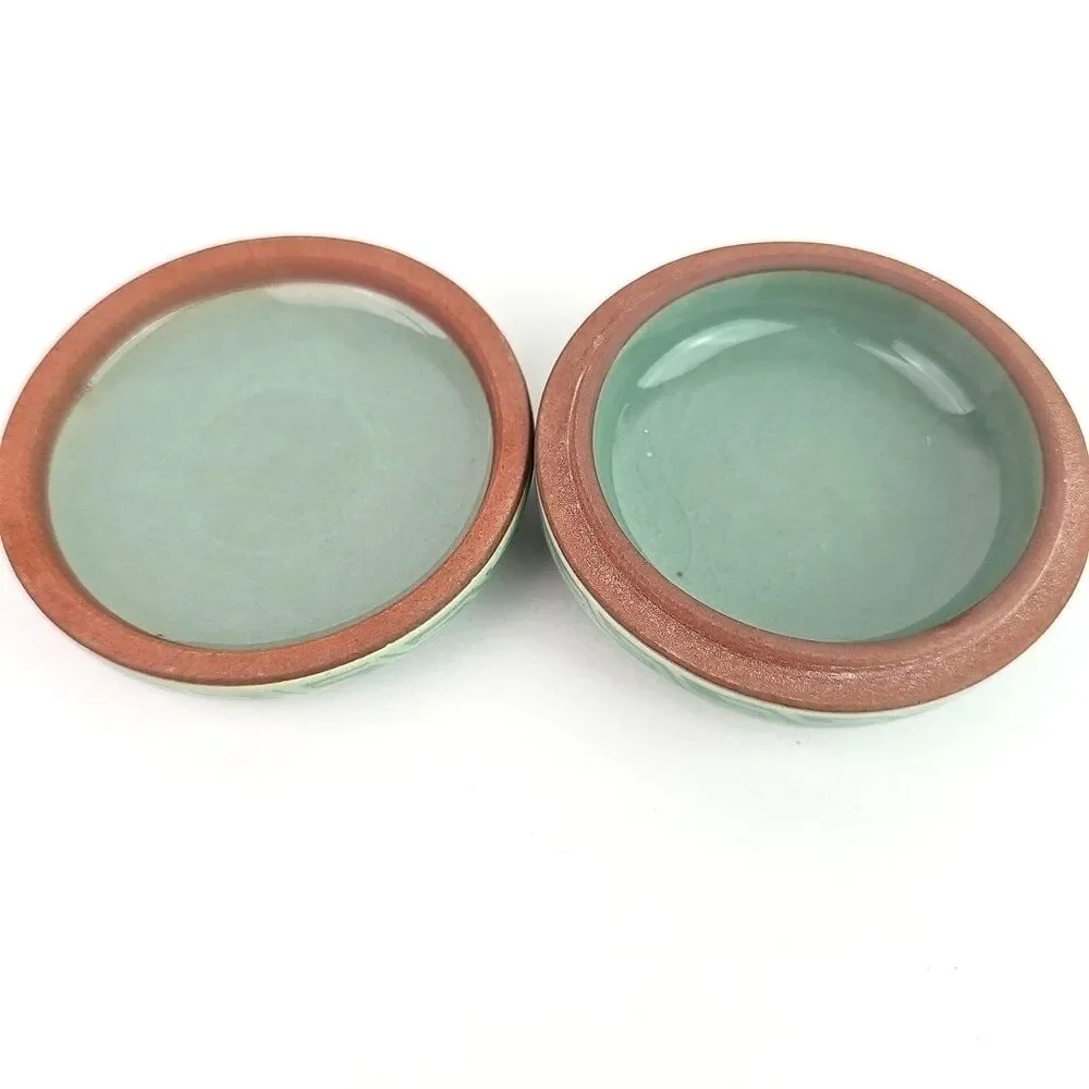 Vintage Korean Celadon Green Ceramic Floral Ring Lidded Round Trinket Box 3 inch